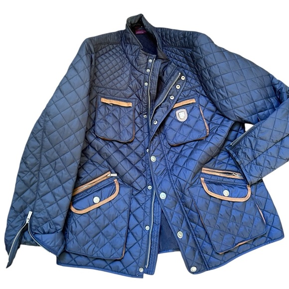 Piel de Toro Sevilla Quilted Utility barn Jacket Navy & Tan leather trim size xl - Picture 2 of 12